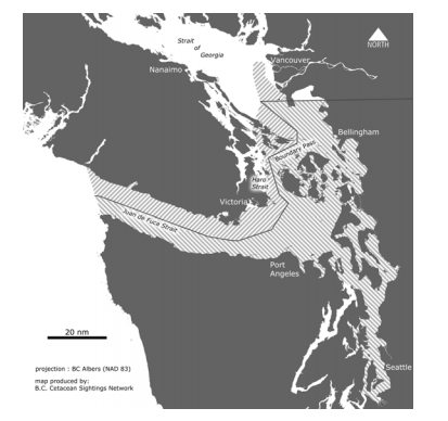 Figure 2: “Critical habitat for southern resident killer whales. The hatched area in US waters shows the approximate areas designated as southern resident critical habitat under the US Endangered Species Act (ESA). Source: Fisheries and Oceans Canada. 2011. Recovery Strategy for the Northern and Southern Resident Killer Whales (Orcinus orca) in Canada. Species at Risk Act Recovery Strategy Series, Fisheries & Oceans Canada, Ottawa, ix + 80 pp. http://www.sararegistry.gc.ca/virtual_sara/files/plans/rs_epaulard_killer_whale_1011_eng.pdf 
