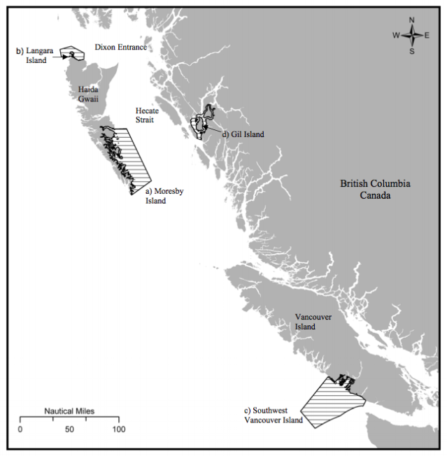 Figure 4: “Locations of the four critical habitat areas [for humpback whales]: a. Southeast Moresby Island, b. Langara Island, c. Southwest Vancouver Island, d. Gil Island (DFO 2009). The existence of other areas of critical habitat for Humpback Whales in B.C. is likely.” Source: Fisheries and Oceans Canada. 2013. Recovery Strategy for the North Pacific Humpback Whale (Megaptera novaeangliae) in Canada. Species at Risk Act Recovery Strategy Series. Fisheries and Oceans Canada, Ottawa. x + 67 pp. http://www.sararegistry.gc.ca/virtual_sara/files/plans/rs_rb_pac_nord_hbw_1013_e.pdf 