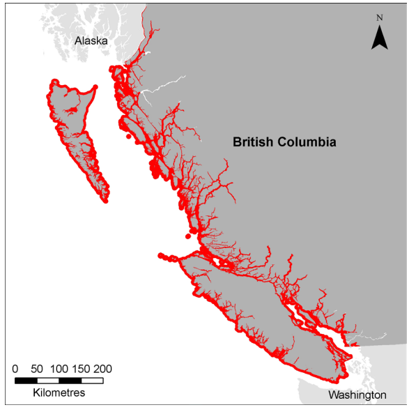 Figure 3: “Map showing the habitat considered necessary for meeting recovery objectives for inner coast WCT killer whales [West Coast Transient]. Area includes marine waters bounded by a distance of 3 nautical miles (5.56 km) from the nearest shore. This area includes the locations of over 90% of all individual identifications and predation events documented in BC waters during 1990-2011.” Source: Ford, J.K.B, E.H. Stredulinsky, J.R. Towers and G.M. Ellis. 2013. Information in Support of the Identification of Critical Habitat for Transient Killer Whales (Orcinus orca) off the West Coast of Canada. DFO Can. Sci. Advis. Sec. Res. Doc. 2012/155. iv + 46 p. http://www.dfo-mpo.gc.ca/Csas-sccs/publications/resdocs-docrech/2012/2012_155-eng.pdf